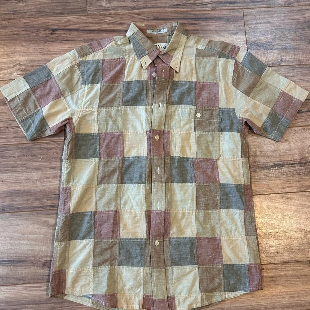 Orvis Men's Plaid Short Sleeve Shirt Patchwork Medium Rustic Vintage 100% Cotton